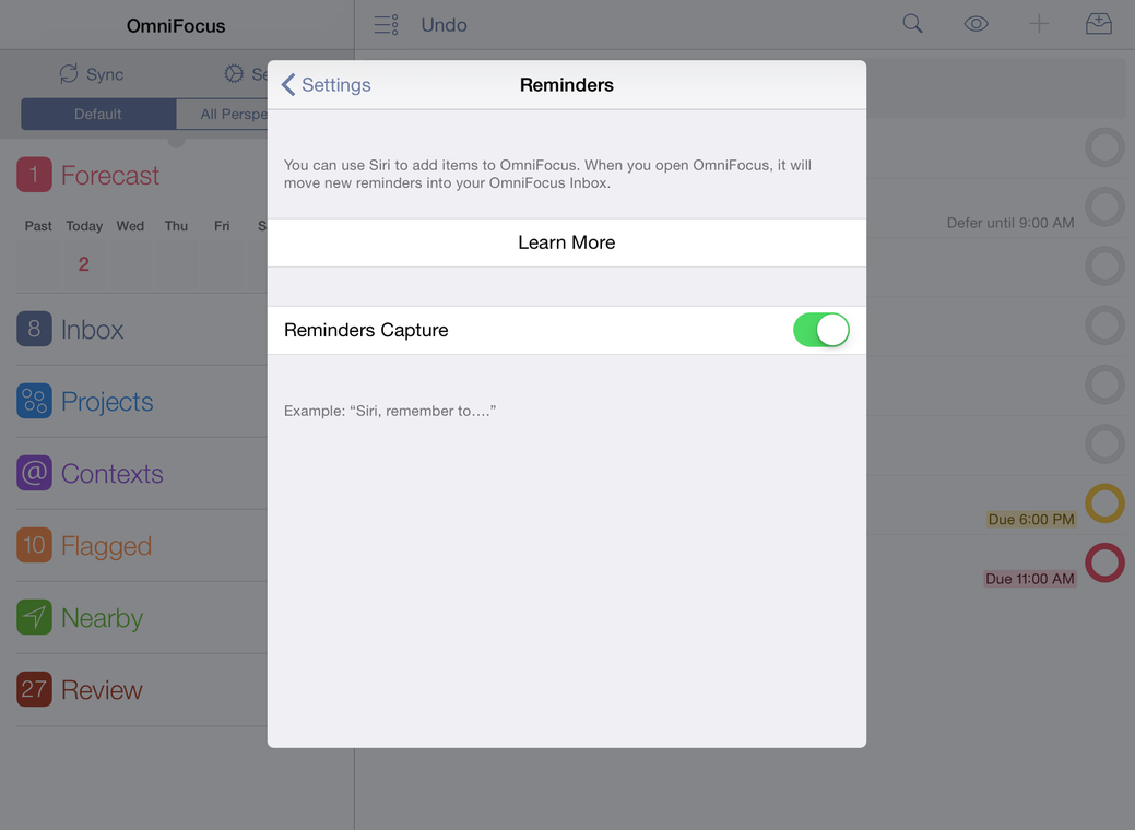 OmniFocus 2 for iPad — Reminders Capture Settings