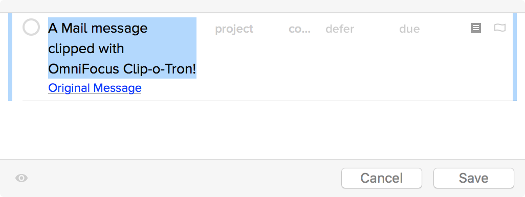 An email message in OmniFocus Quick Entry, clipped from Mail with Clip-o-Tron
