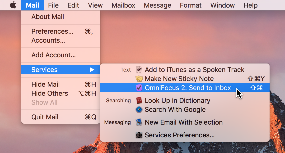 Selecting the OmniFocus Clipping Service from the Menu Bar