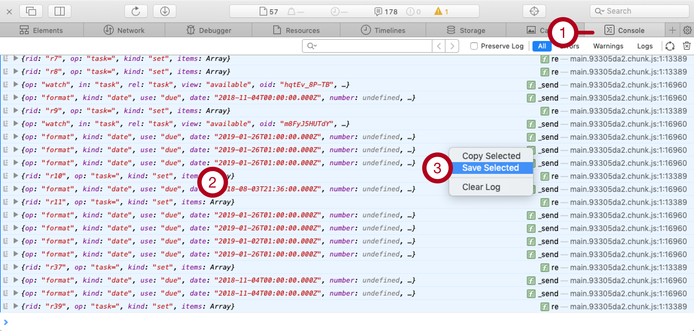 View of Safari's console log UI with callouts
