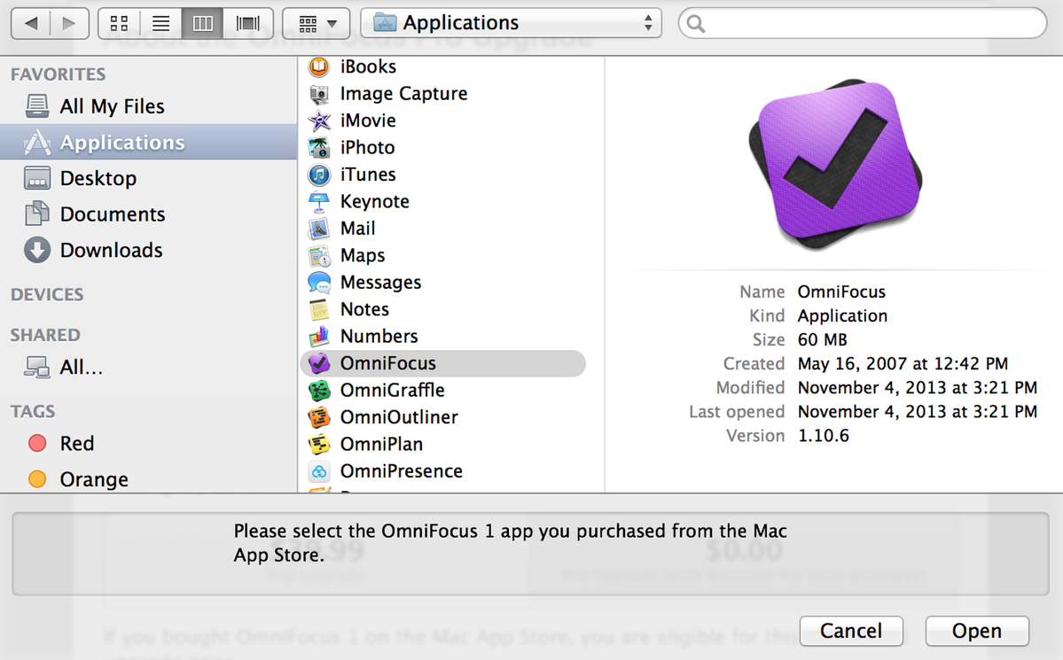 Select the OmniFocus 1 Application