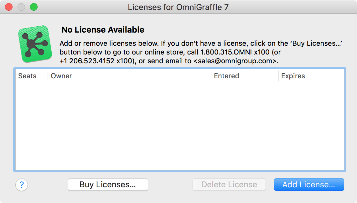 The OmniGraffle license panel
