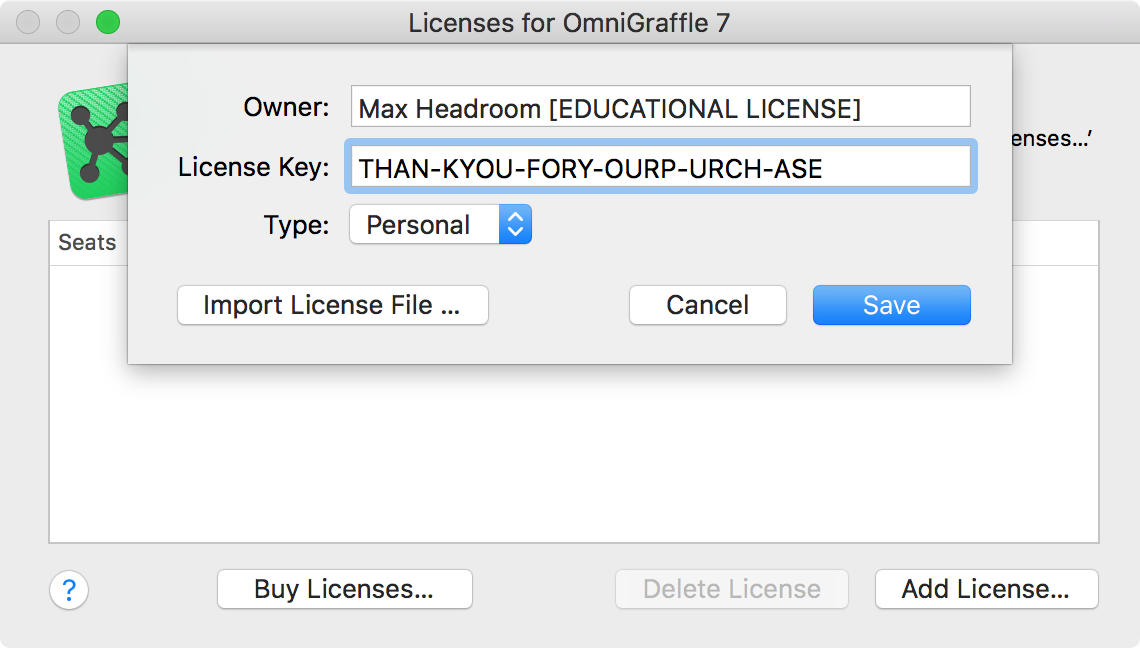 The license panel with a license entered