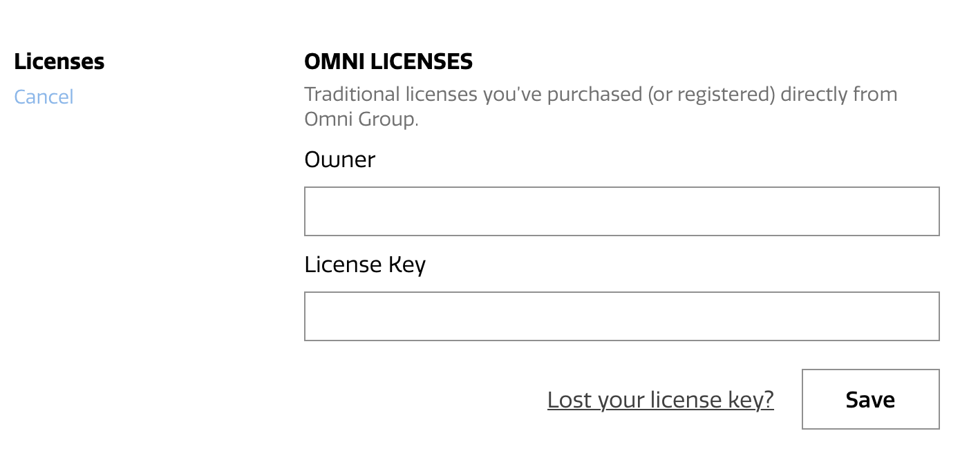 The Licenses section of the Omni Accounts management page, displaying fields for registering an Omni License