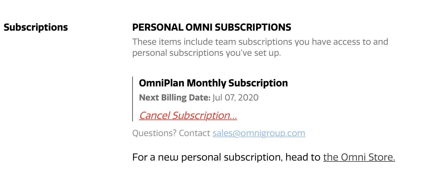 The Subscription section of the Omni Accounts management page, with subscription overview and cancel options, and link to the Omni Store