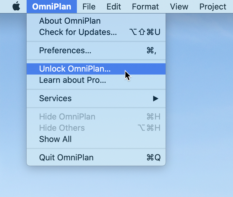 The Application menu open, with the Unlock OmniPlan item highlighted