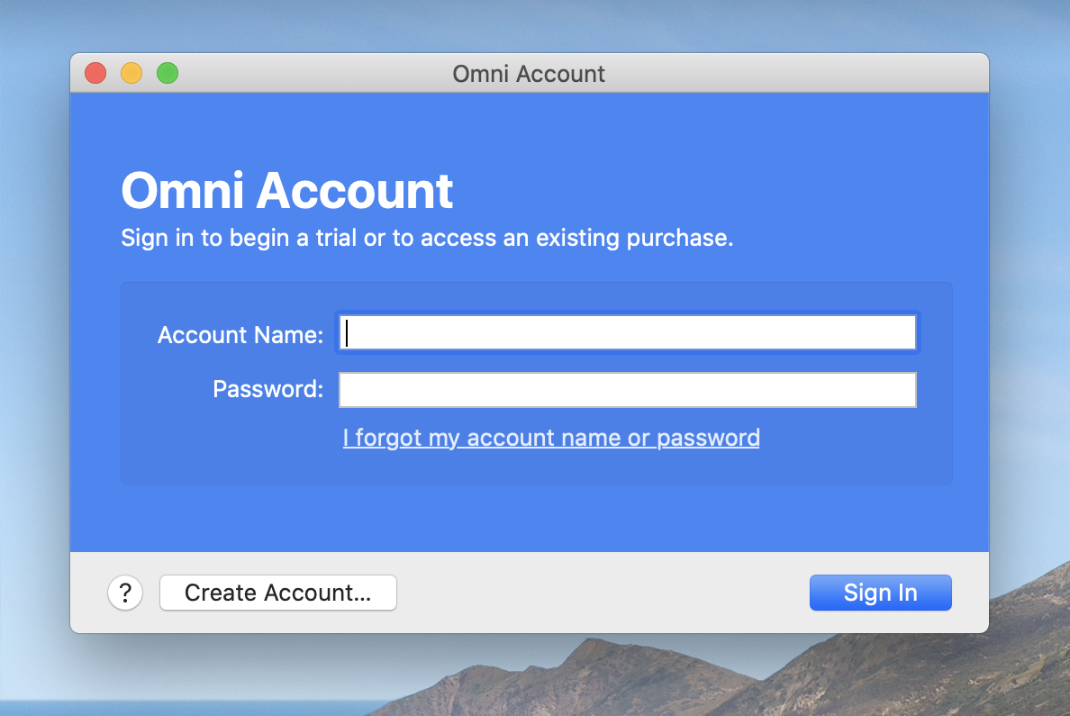 The Omni Account login window, with Account Name and Password fields visible, and options below to Sign In or Create Account