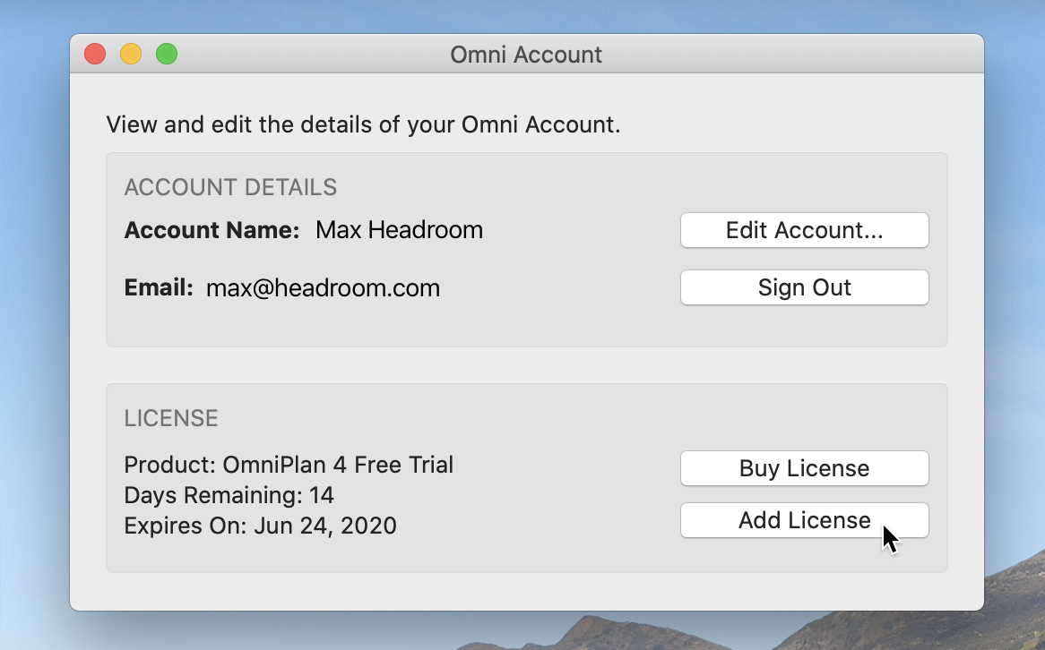 The Omni Account window, showing Account Details including Account Name and Email, and License information, with options to Buy License or Add License. The cursor hovers over the Add License button.