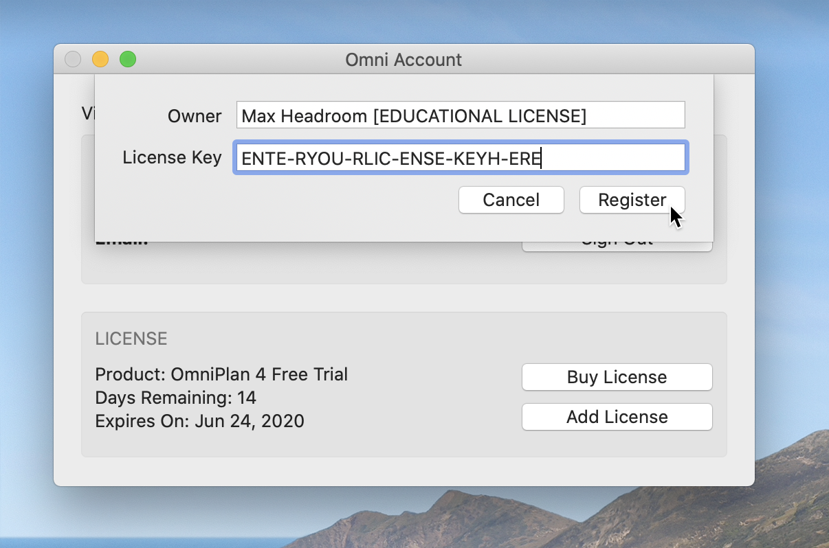 The Add License pop-over, with Owner and License Key fields, with options to Cancel or Register. A license code has been entered, and the cursor overs over the Register button.