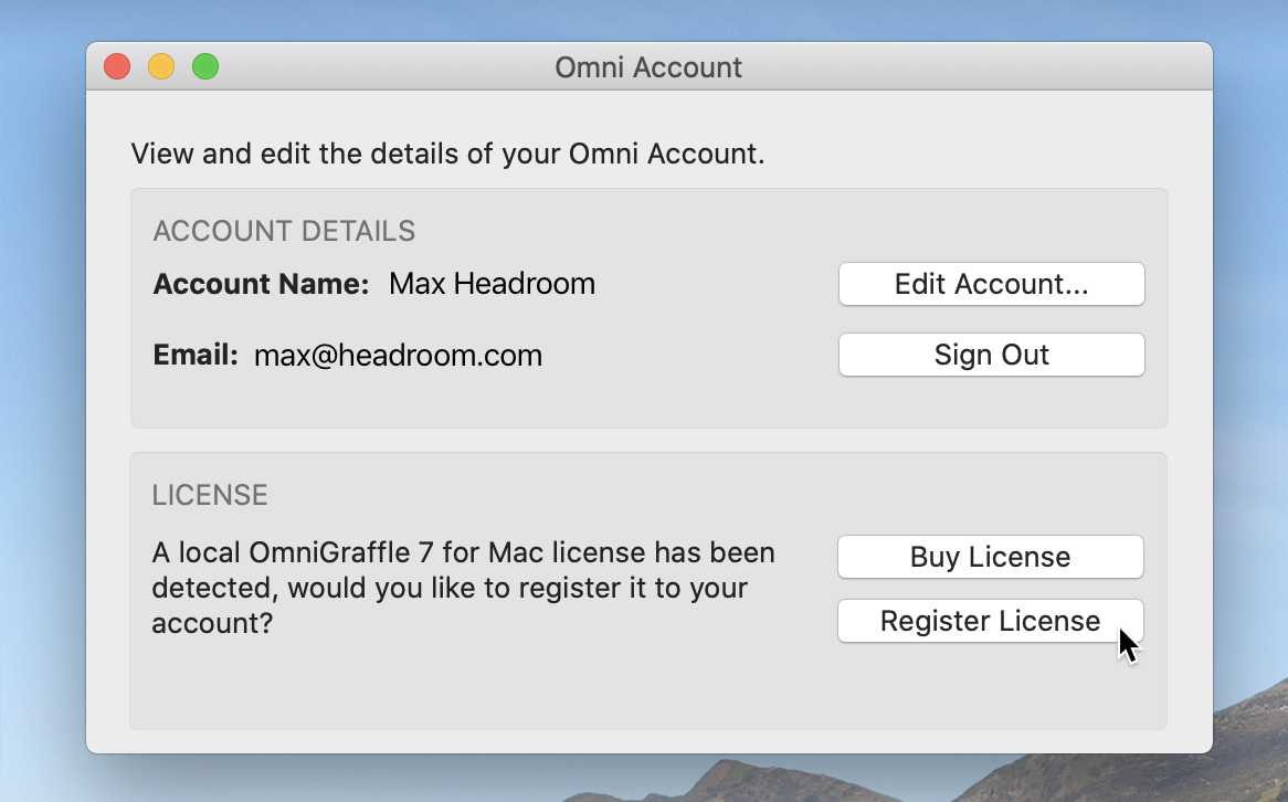 The Omni Account window, showing Account Details including Account Name and Email, and License information, with the message "A local OmniGraffle 7 for Mac license has been detected, would you like to register it to your account? This section contains options to Buy License or Register License; the cursor hovers over the Register License button.