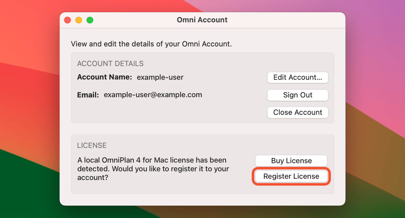 OmniPlan 4 Omni Account Window