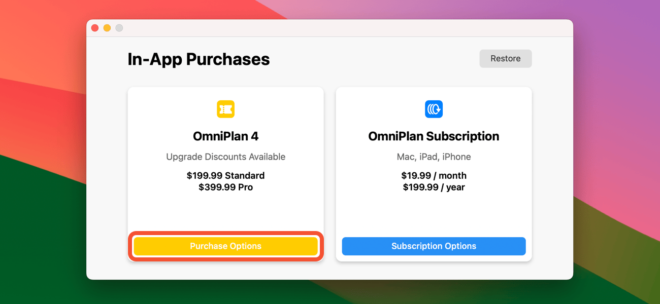 OmniPlan 4 In-App Purchases Window