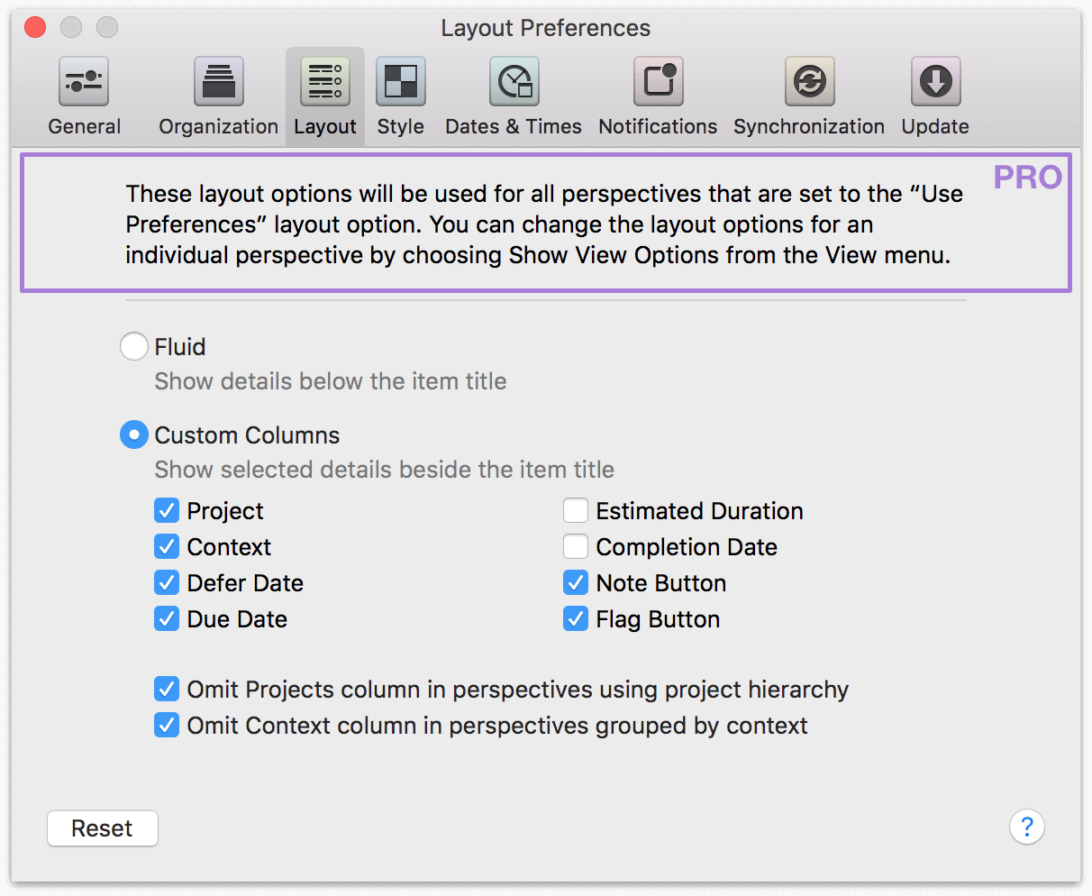 OmniFocus 2 for Mac Layout Preferences.