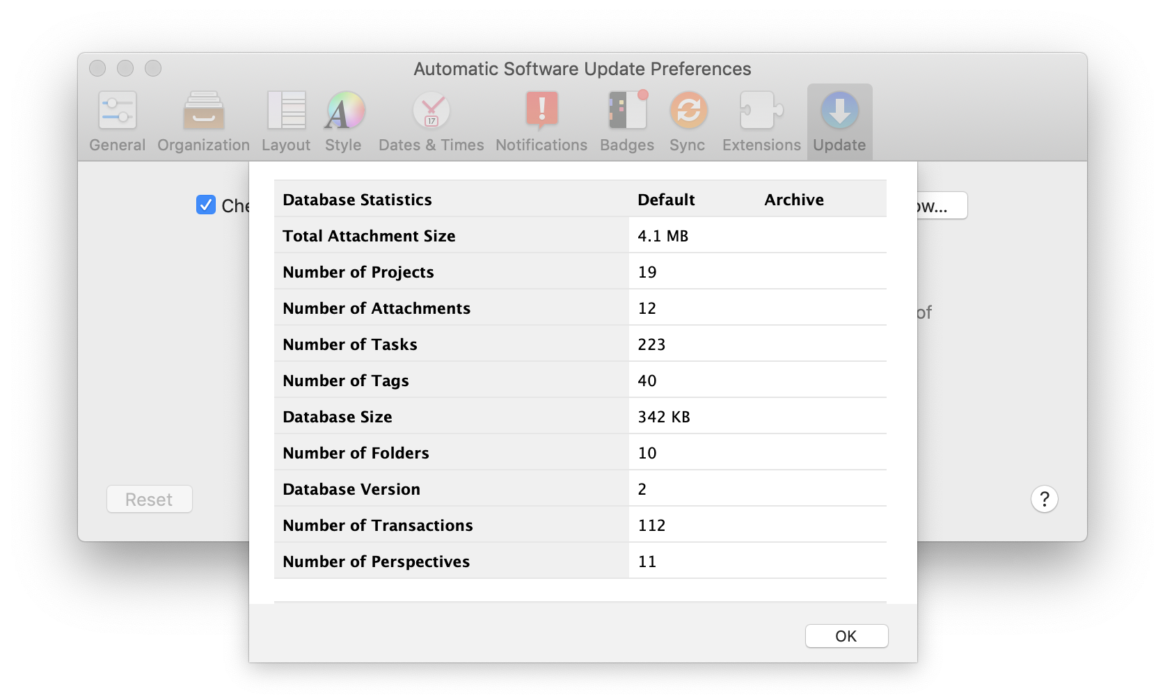 Database Statistics in OmniFocus 3 for Mac