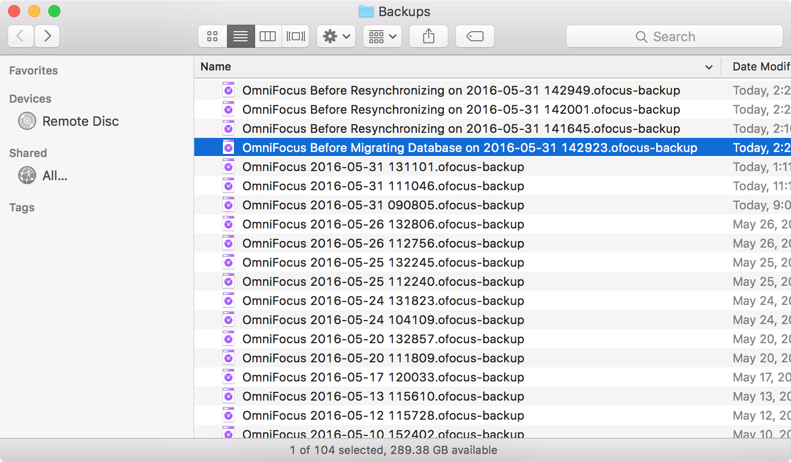 A Finder window showing the OmniFocus backup that was taken before migration