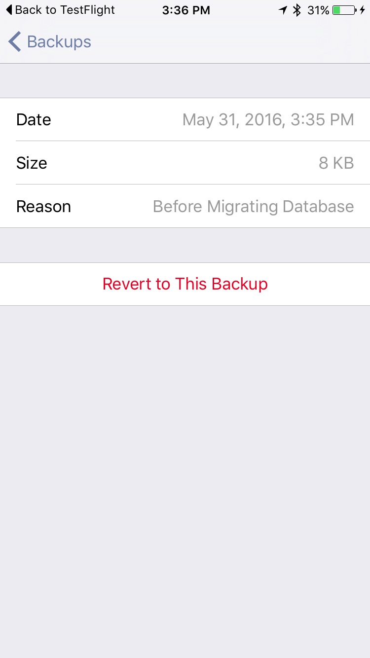 The details screen for a backup taken prior to migration