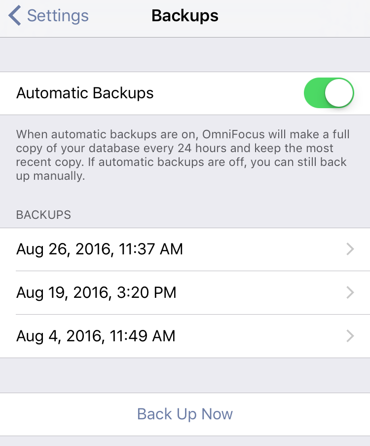 The OmniFocus 2 for iOS Backups list