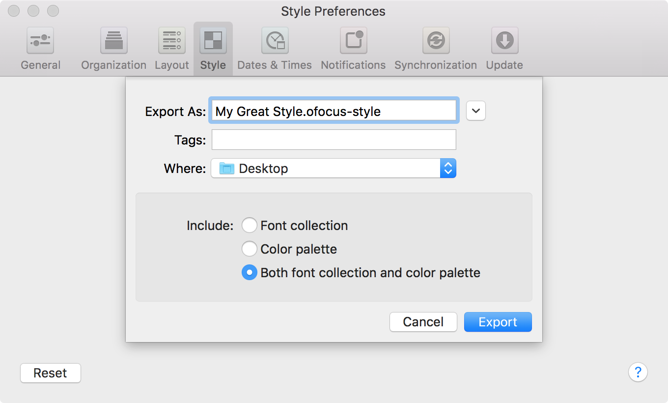 Exporting from the OmniFocus Style Preferences