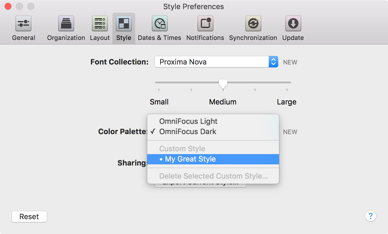 Selecting an imported OmniFocus Style