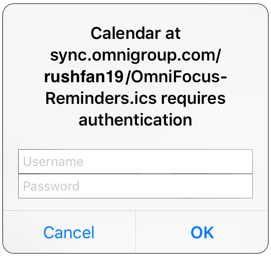 iOS Error: "Calendar at sync.omnigroup.com/rushfan19/OmniFocus-Reminders.ics requires authentication" 