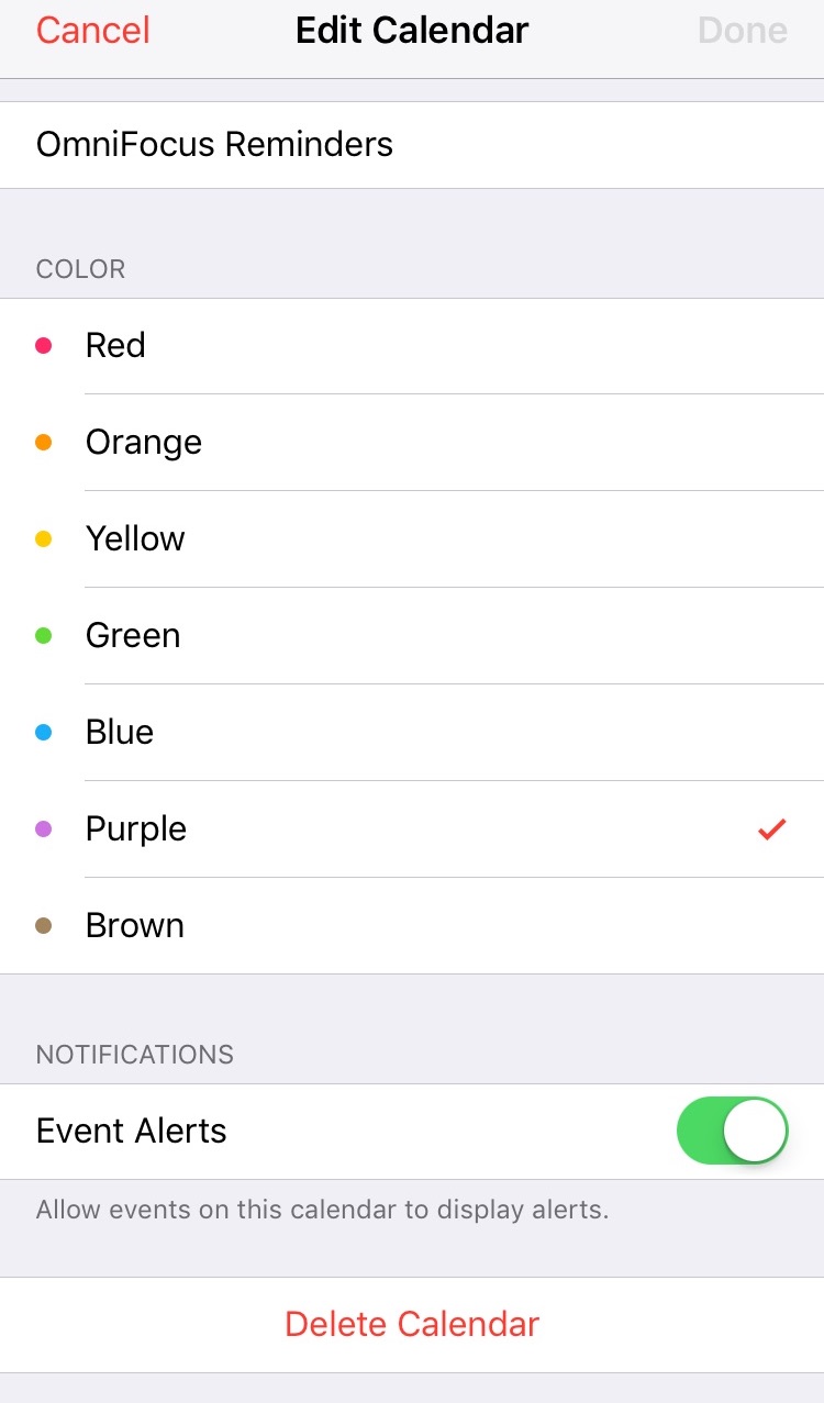 The settings on a subscribed calendar on iOS