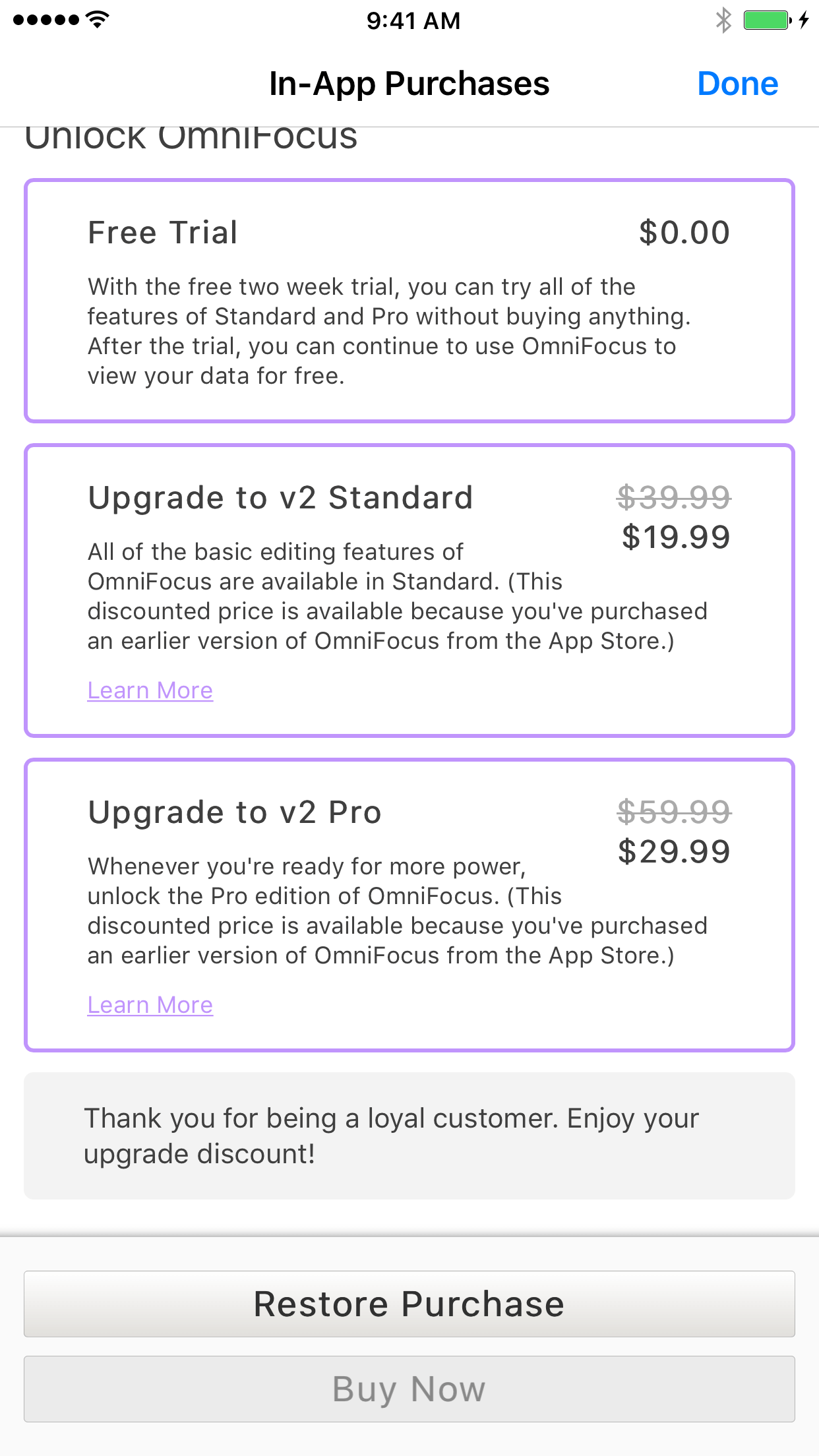 The In-App Purchase area showing discounted upgrade pricing