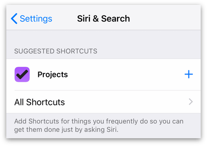 A suggested OmniFocus shortcut in Siri & Search settings