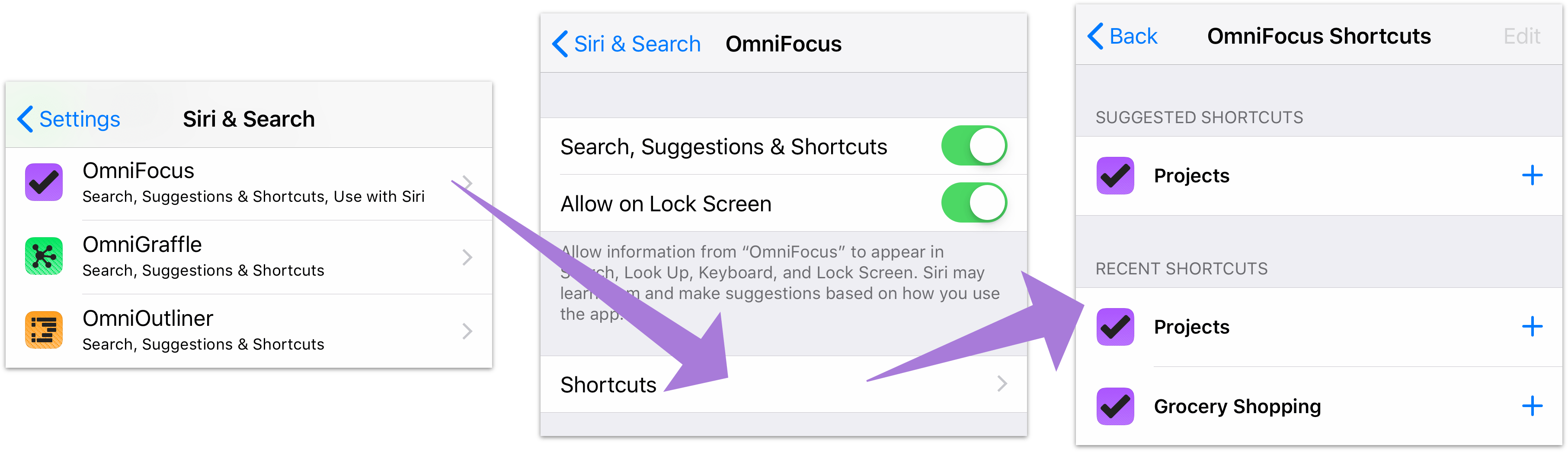 Navigating to the full list of recent OmniFocus shortcuts in iOS 12 Siri & Search settings