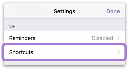 The Siri section of Settings in OmniFocus 3.1, including the Shortcuts row