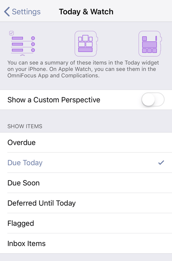 Today & Watch Settings page