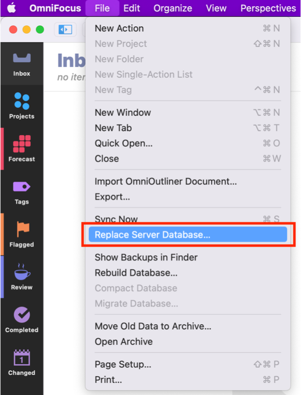 Replace Server Database menu item in OF 3 for Mac