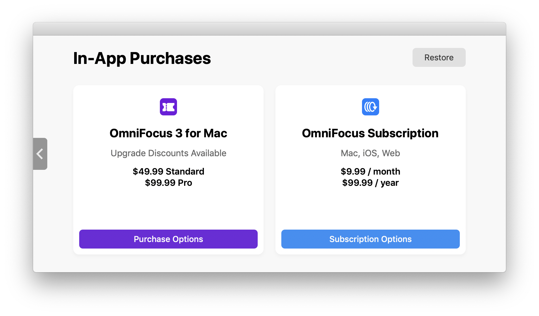 Click "View Subscription Options" in OmniFocus 3 for Mac.