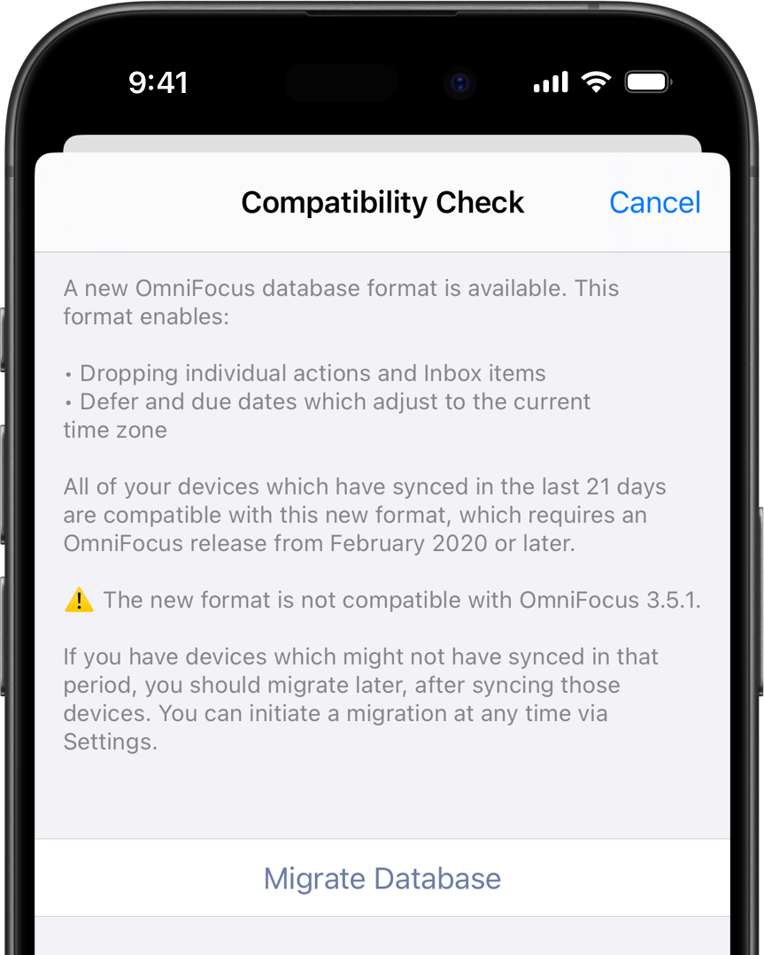 OmniFocus 4 for iPhone database migration prompt