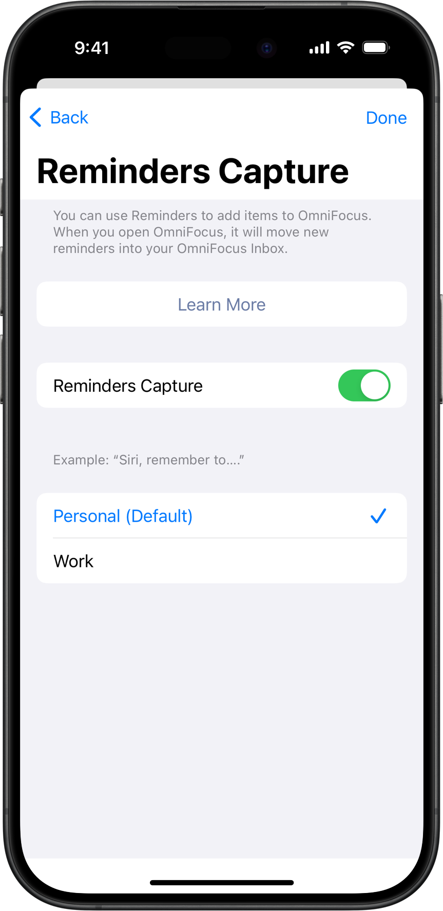 OmniFocus 4 for iPhone — Reminders Capture Settings