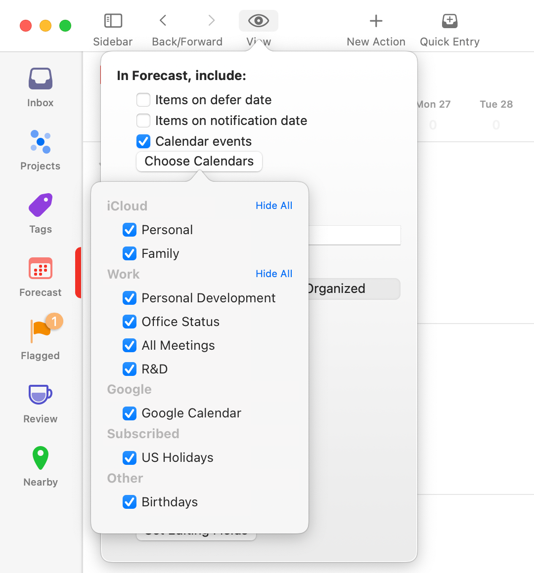 Choose Calendar options in Forecast View Options on Mac