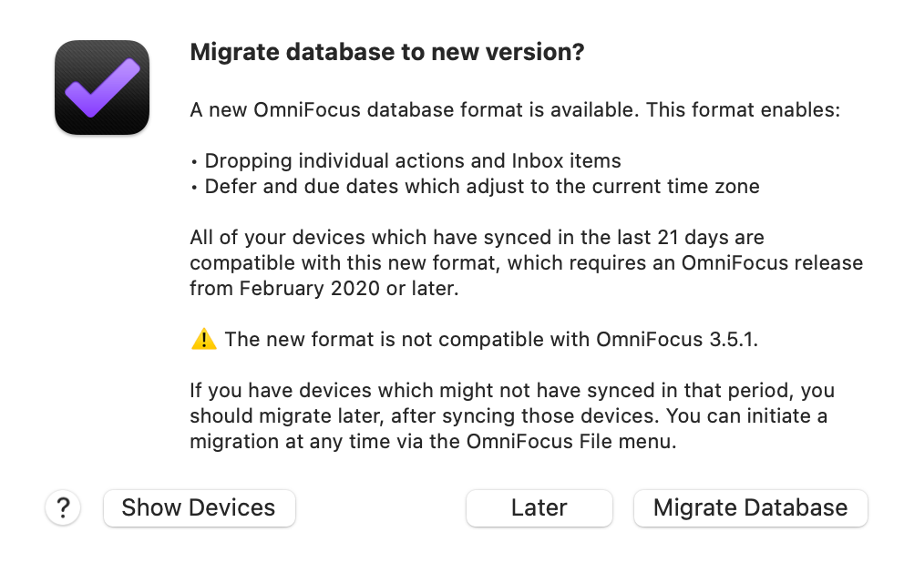 OmniFocus 4 for Mac database migration prompt
