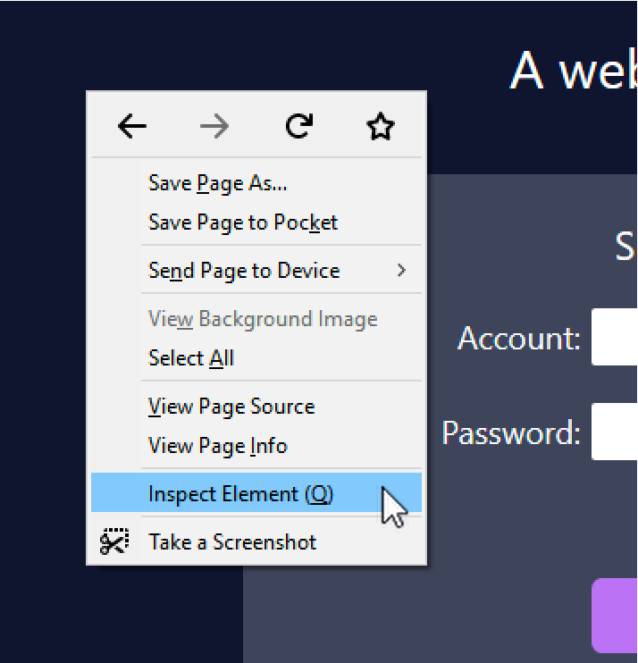 Firefox's contextual menu to access the developer tools
