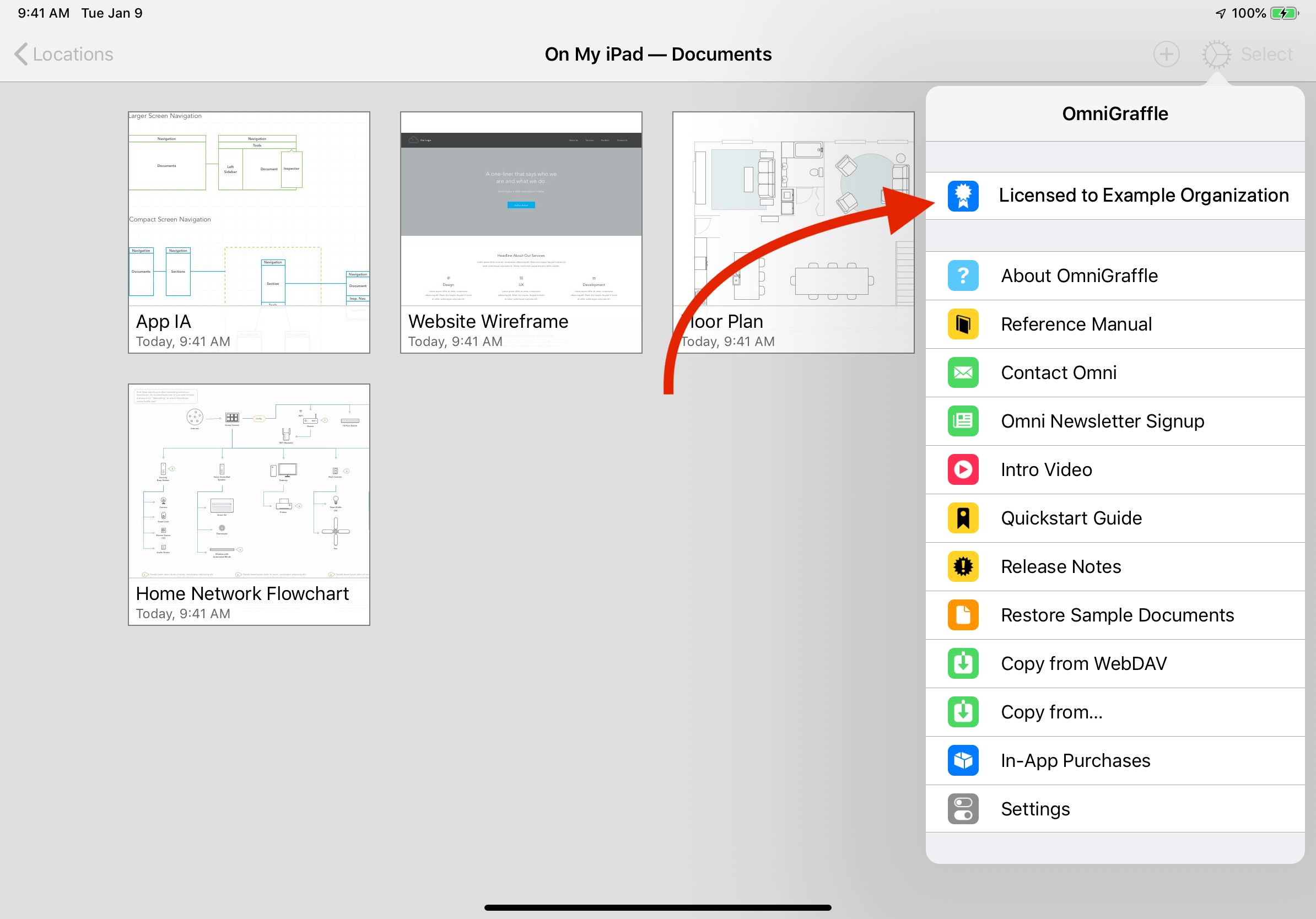 App Menu in the Document Browser of OmniGraffle for iOS