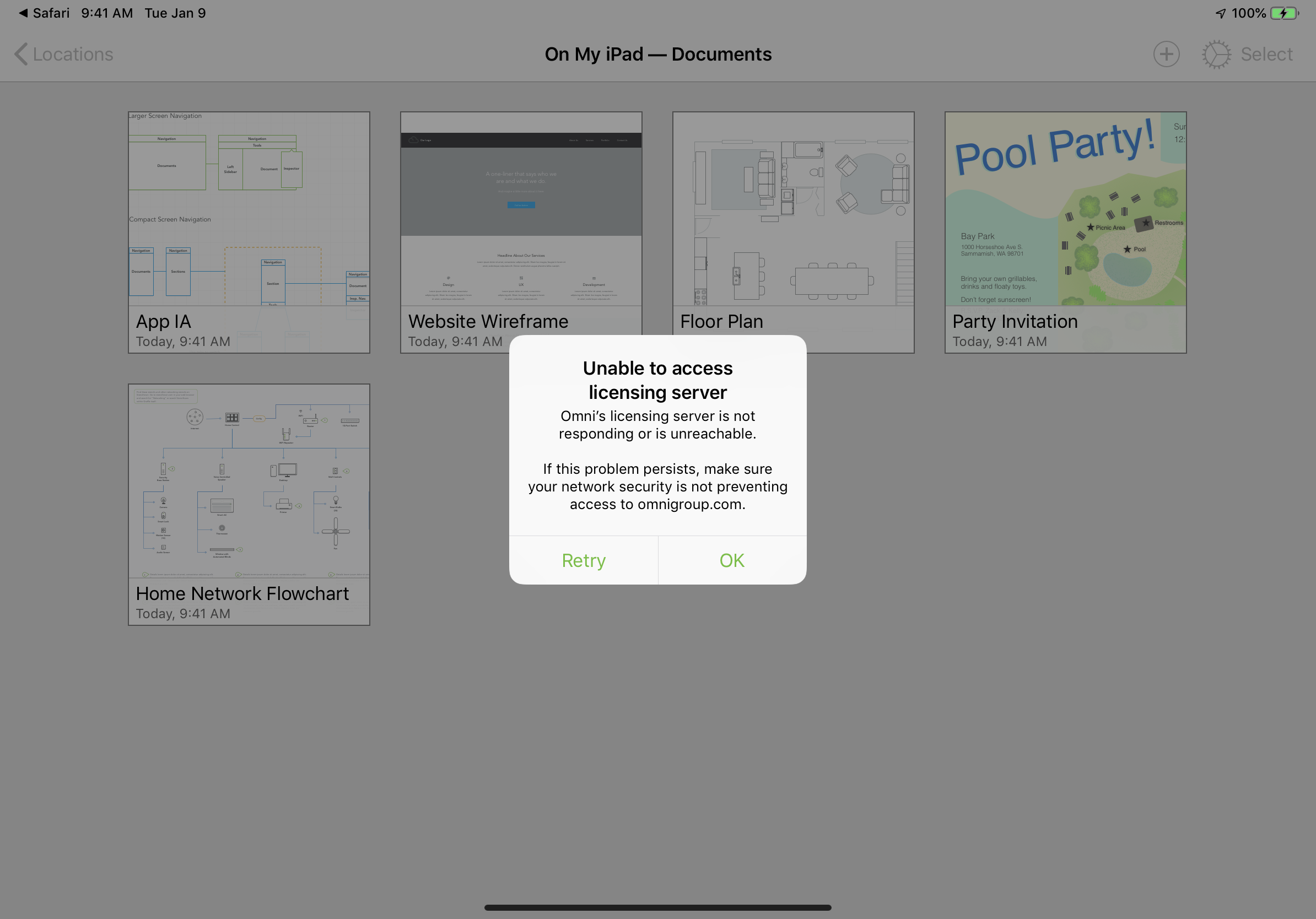 "Unable to access licensing server" prompt in OmniGraffle for iOS
