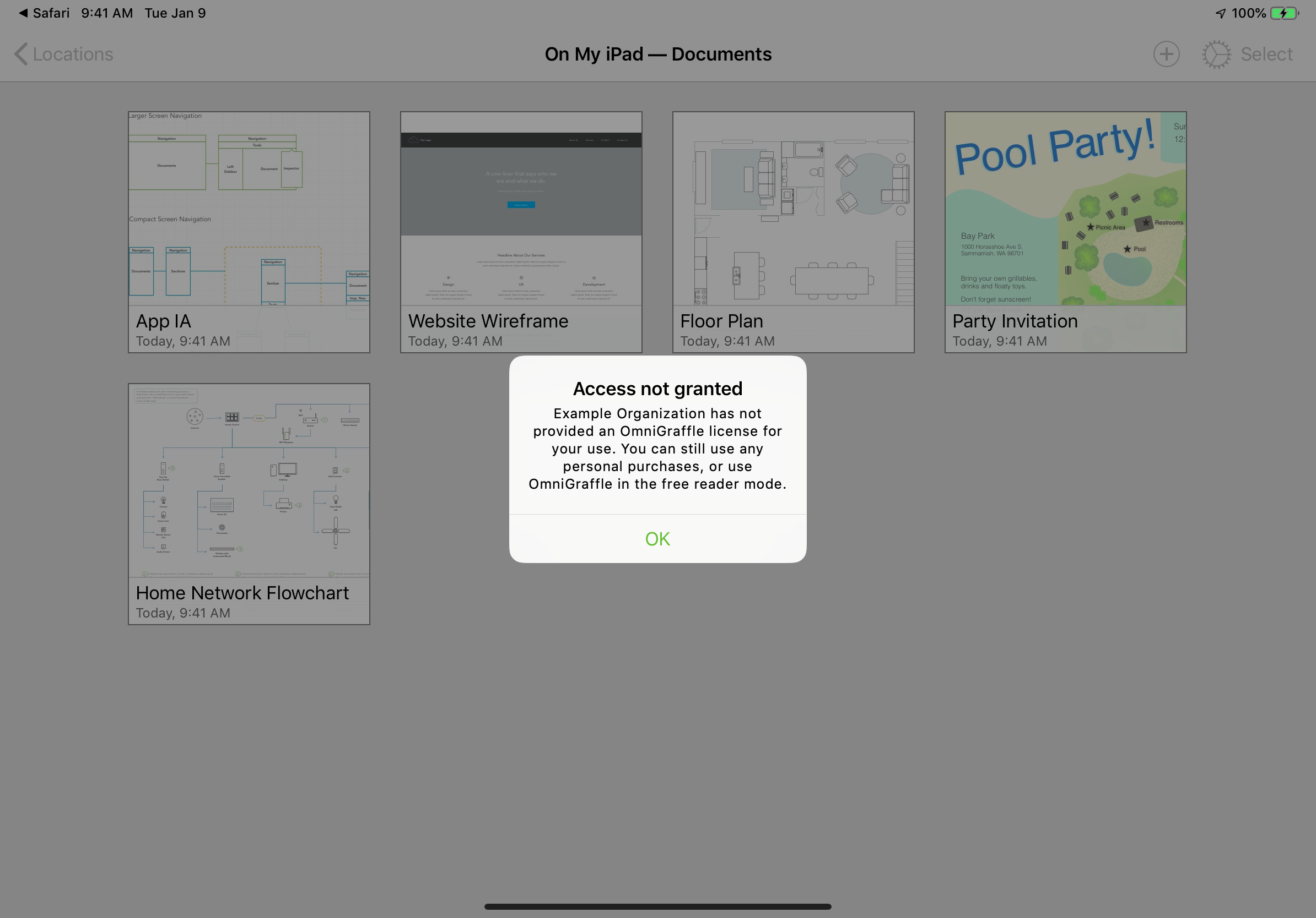"Access not granted" prompt in OmniGraffle for iOS