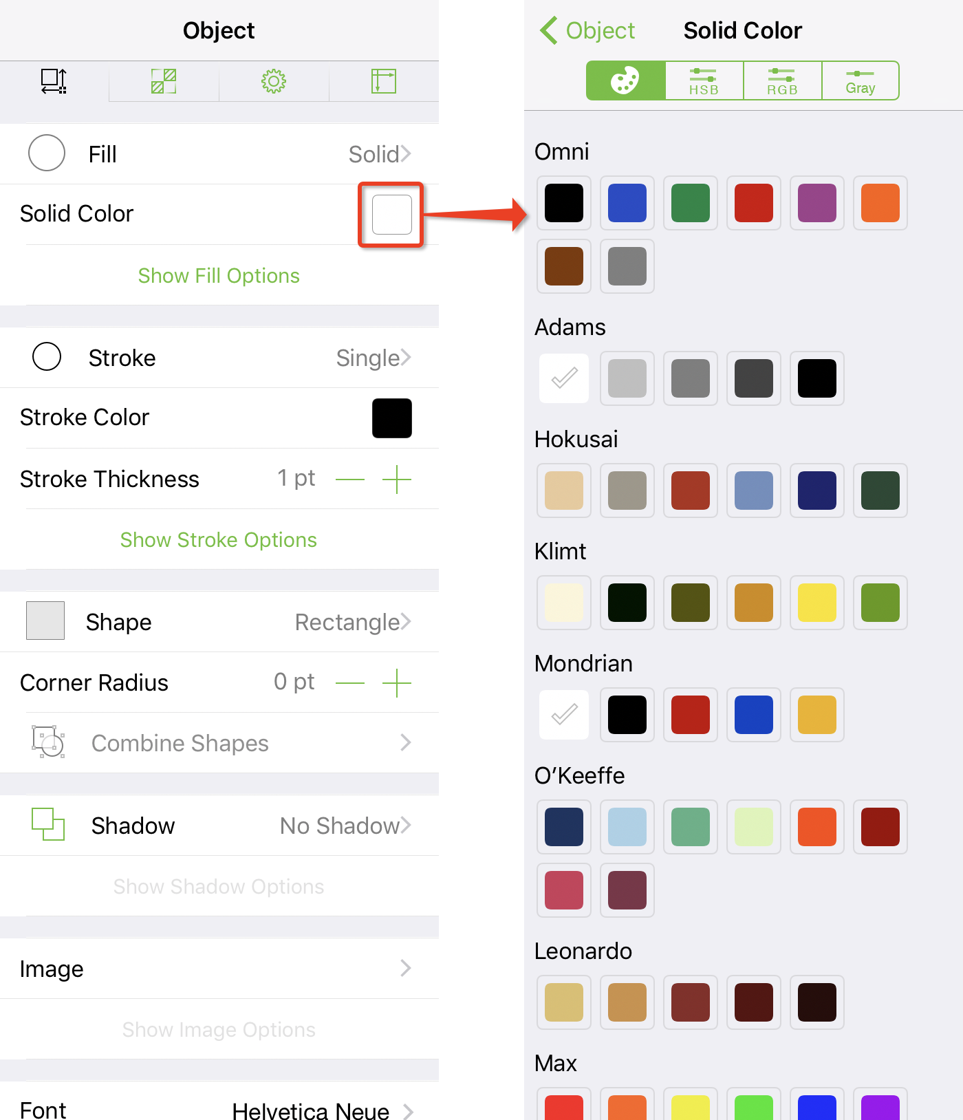 Tapping a color swatch in an inspector opens the color color options in a side view.