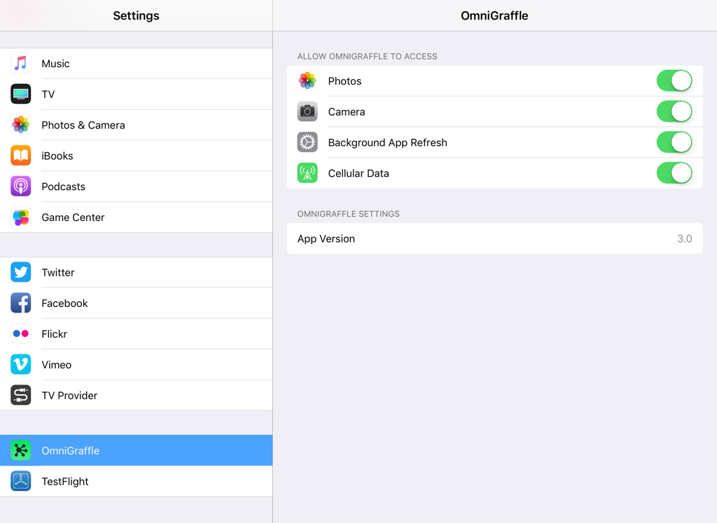 The Settings app on iOS, showing the available settings for OmniGraffle