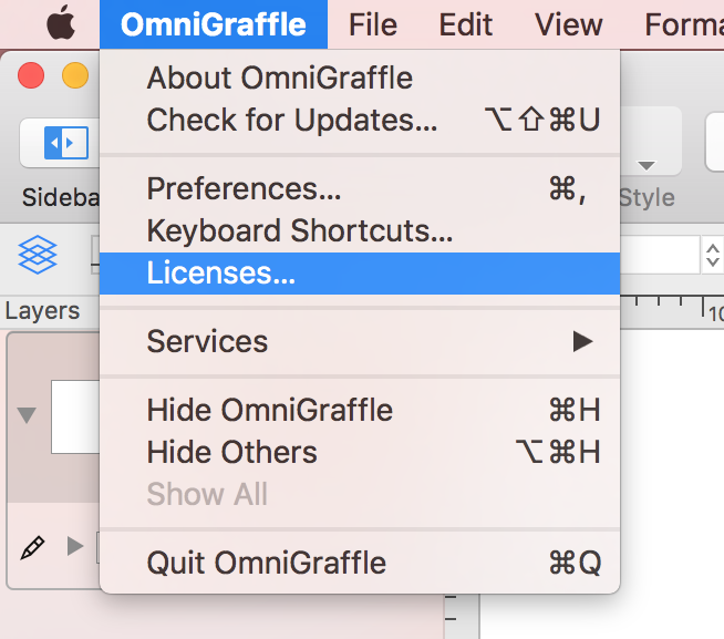 The License option in the OmniGraffle Application menu