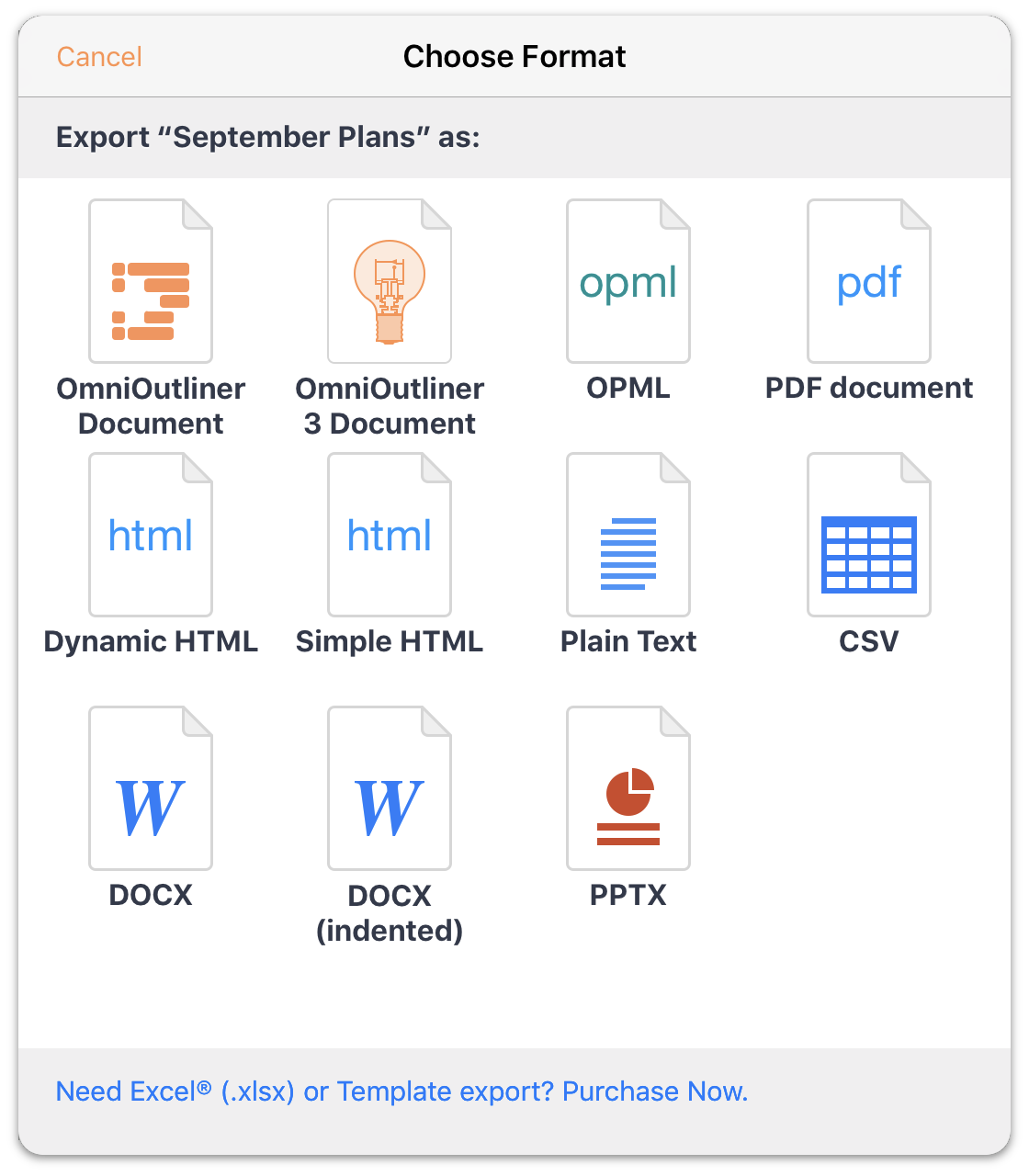 screenshot of the sheet for choosing an export file format