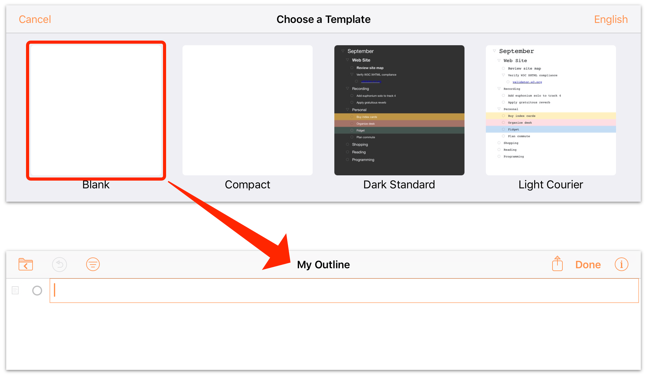 Choose the Blank template to get started with an empty outline.