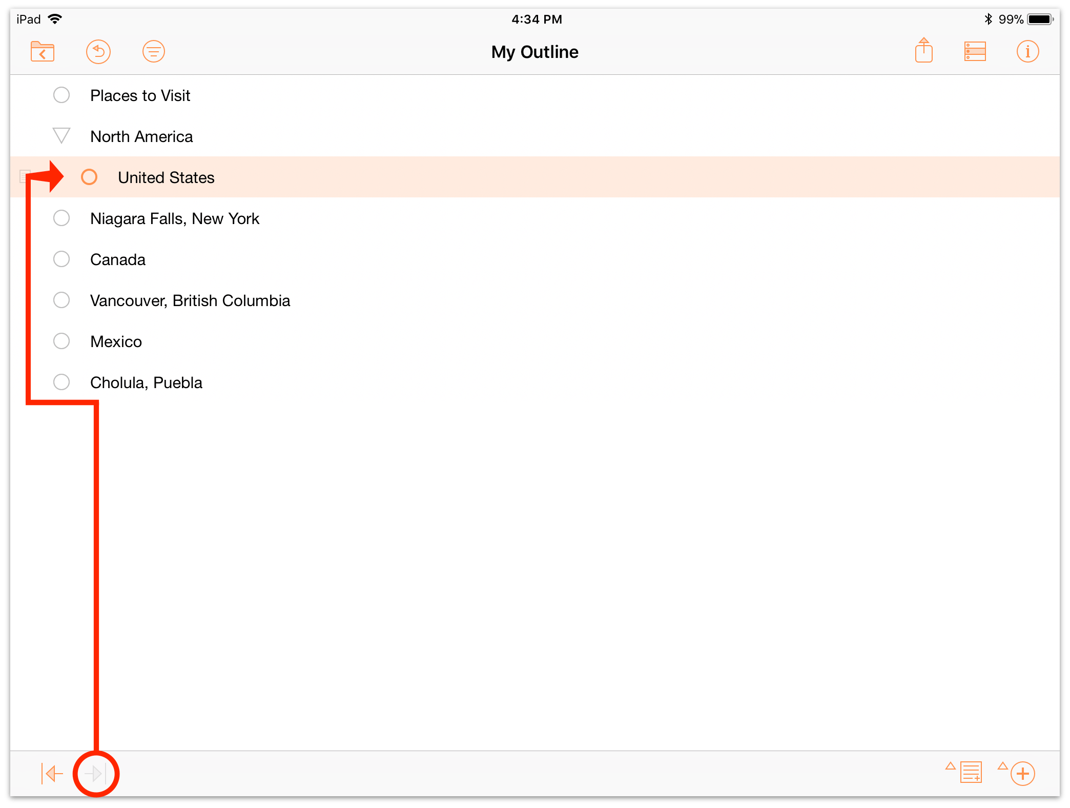 Indenting a row to become the child of the row above it in the outline.