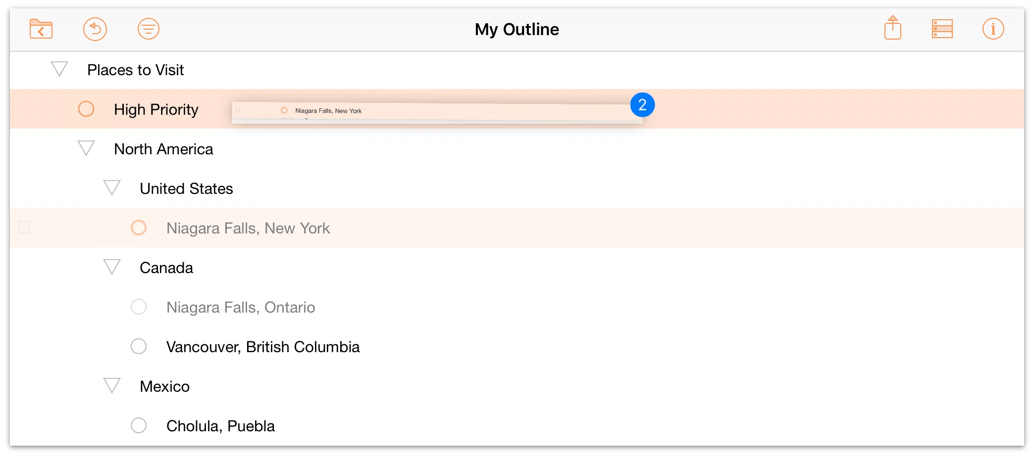 Selecting multiple discontiguous rows to reposition them in the outline.
