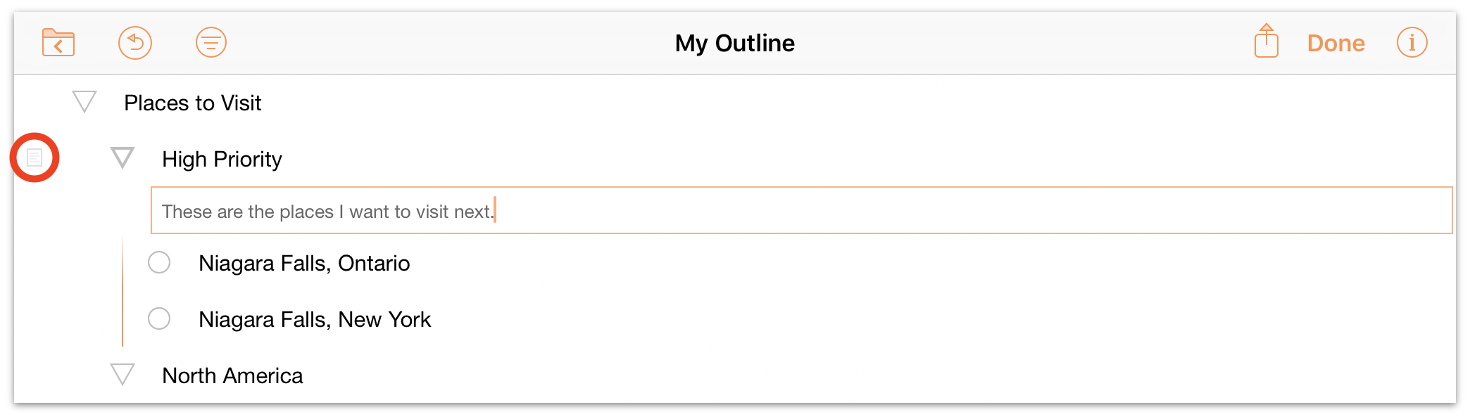 Tap the note icon next to a row to open its note for editing.