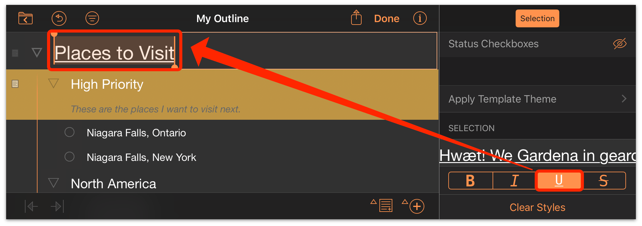 Tap the Underline style to apply it to a text selection in the outline.