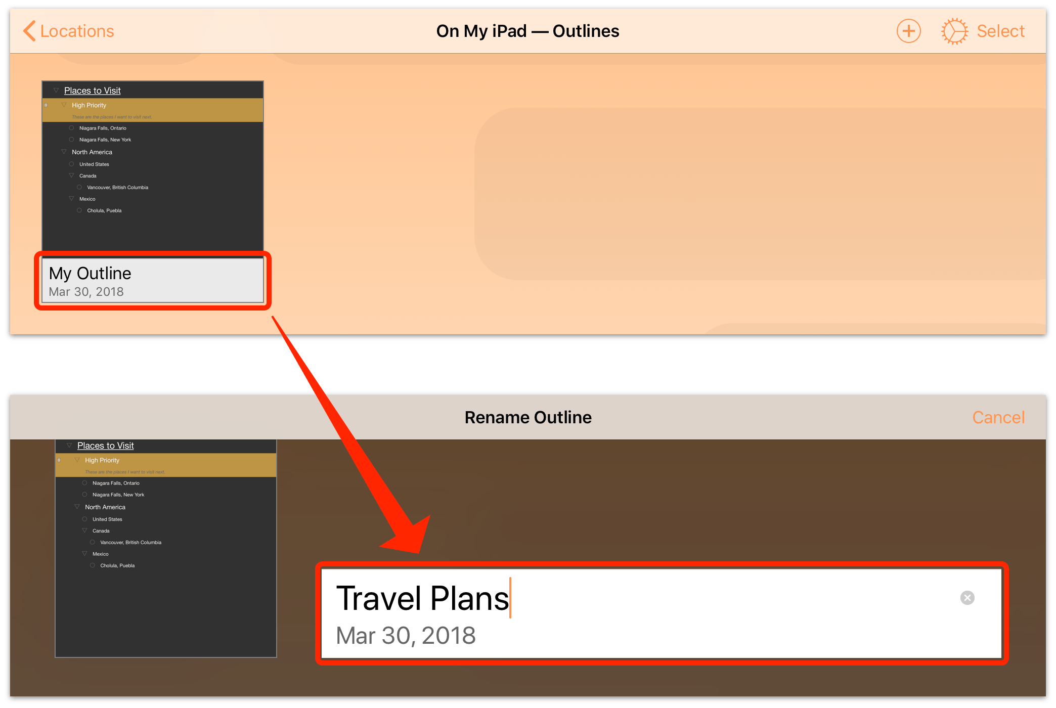 Tap the document name in the document preview image in the document browser to open it for editing.